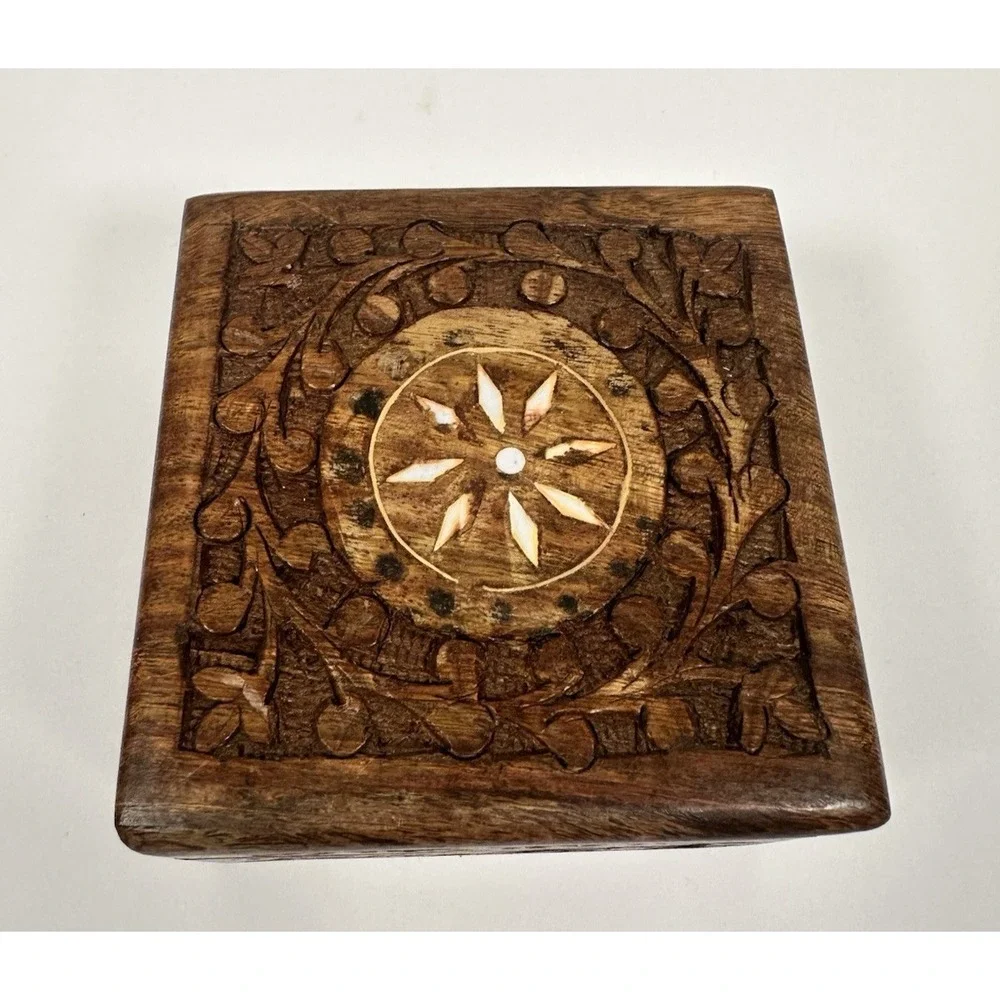 Carved Wood Trinket Jewelry Box Square Inlay Floral Made in India 4